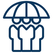 A graphic of three people stood under one umbrella